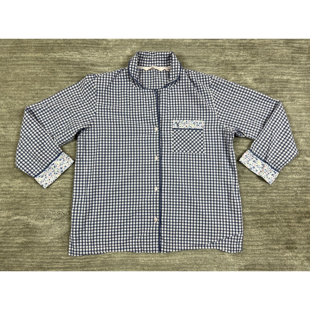 Victoria's Secret Pajama Top Women Med Navy Gingham Sleep Shirt Button Up Floral